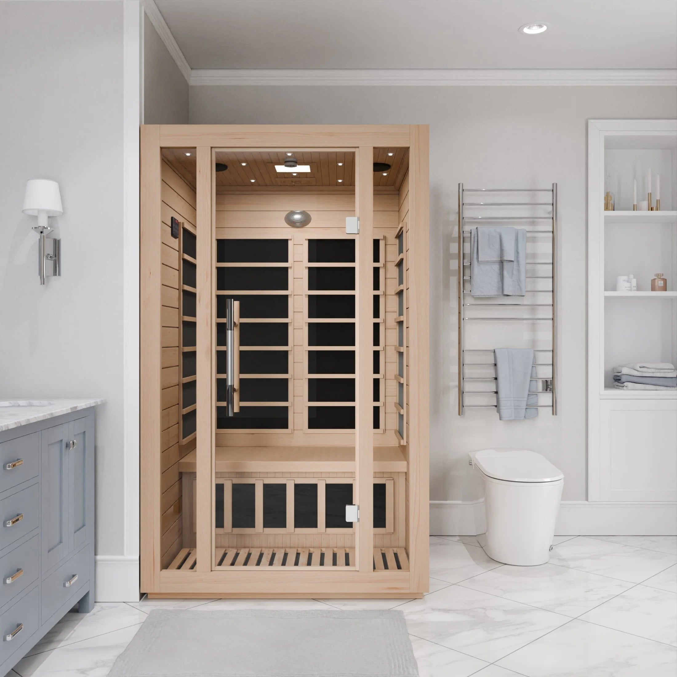 Maldives 2-Person Indoor Hemlock Wooden Low EMF Carbon FAR Infrared Home Sauna Room with LED Touch Control Panel