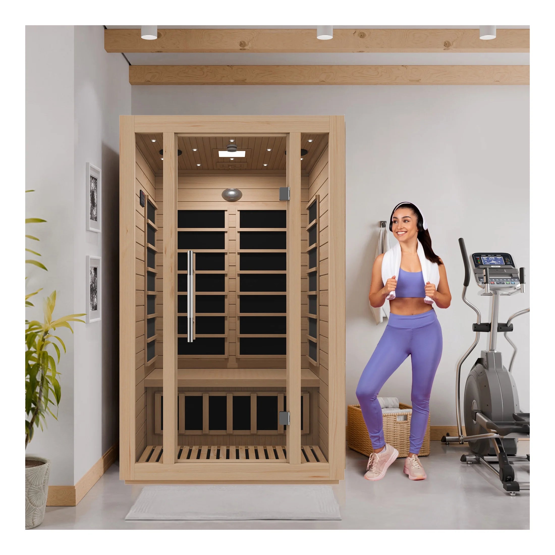Maldives 2-Person Indoor Hemlock Wooden Low EMF Carbon FAR Infrared Home Sauna Room with LED Touch Control Panel