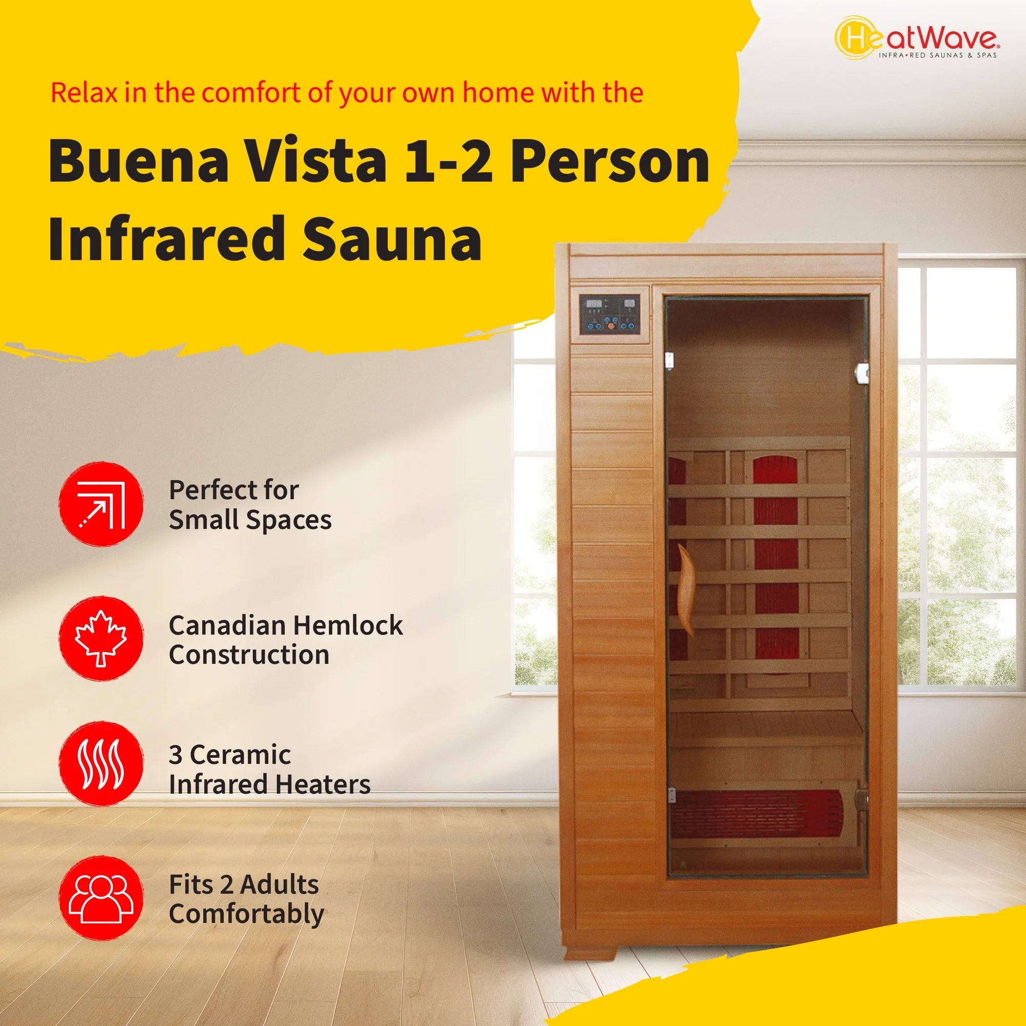 Buena Vista 1-2 Person Hemlock Infrared Sauna with 3 Ceramic Heaters, 75" H