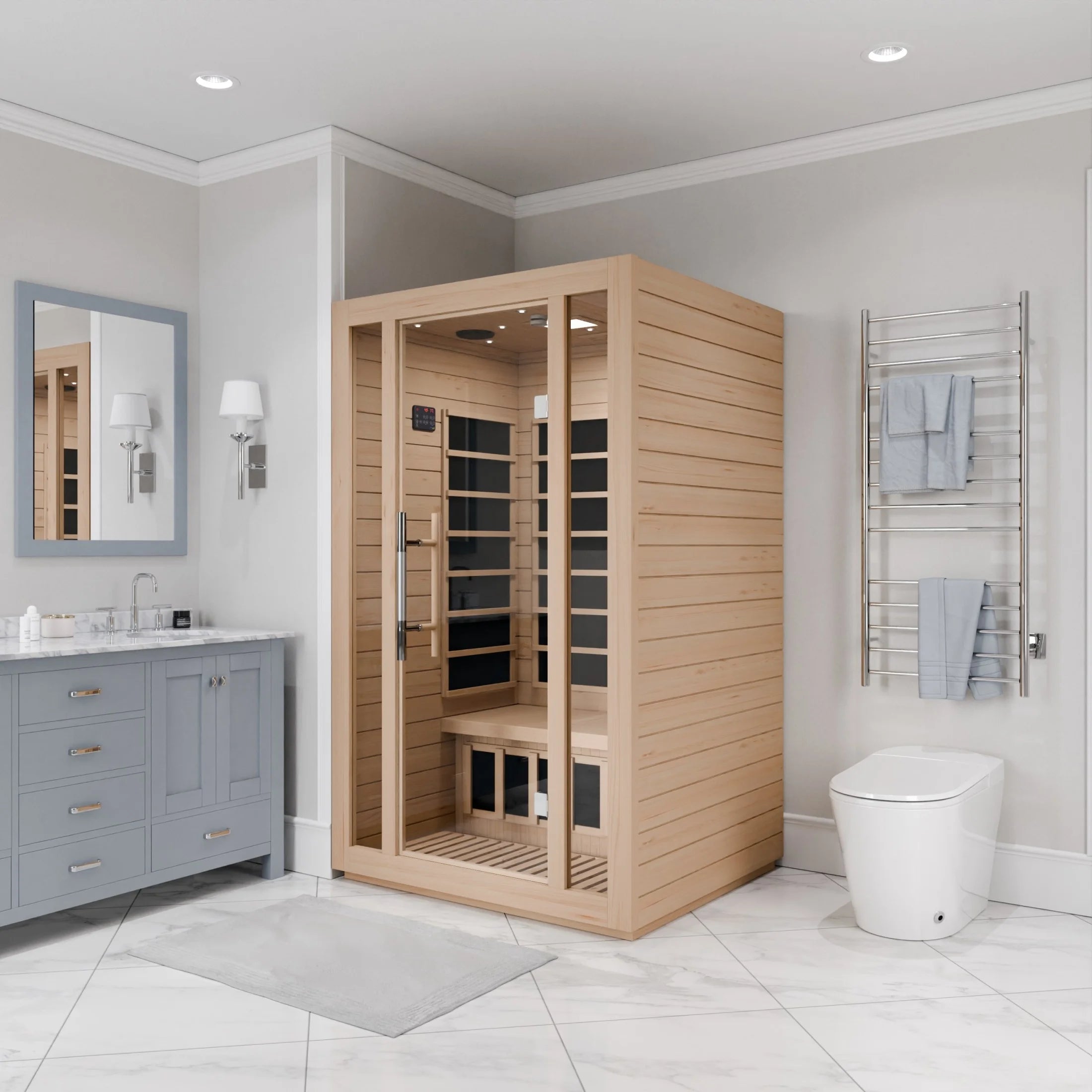 Maldives 2-Person Indoor Hemlock Wooden Low EMF Carbon FAR Infrared Home Sauna Room with LED Touch Control Panel